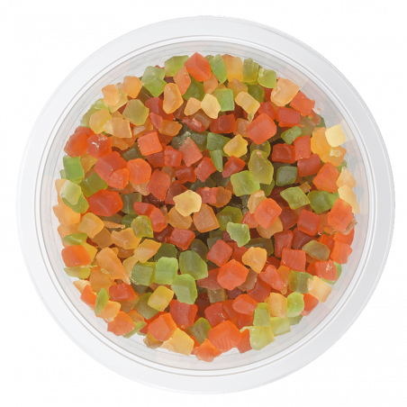 Cubes de fruits confits tricolores - barquette de 200g