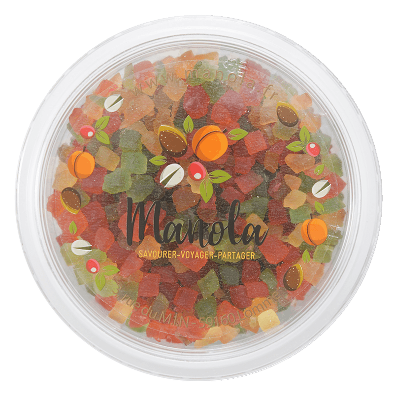 Cubes de fruits confits tricolores - barquette de 200g